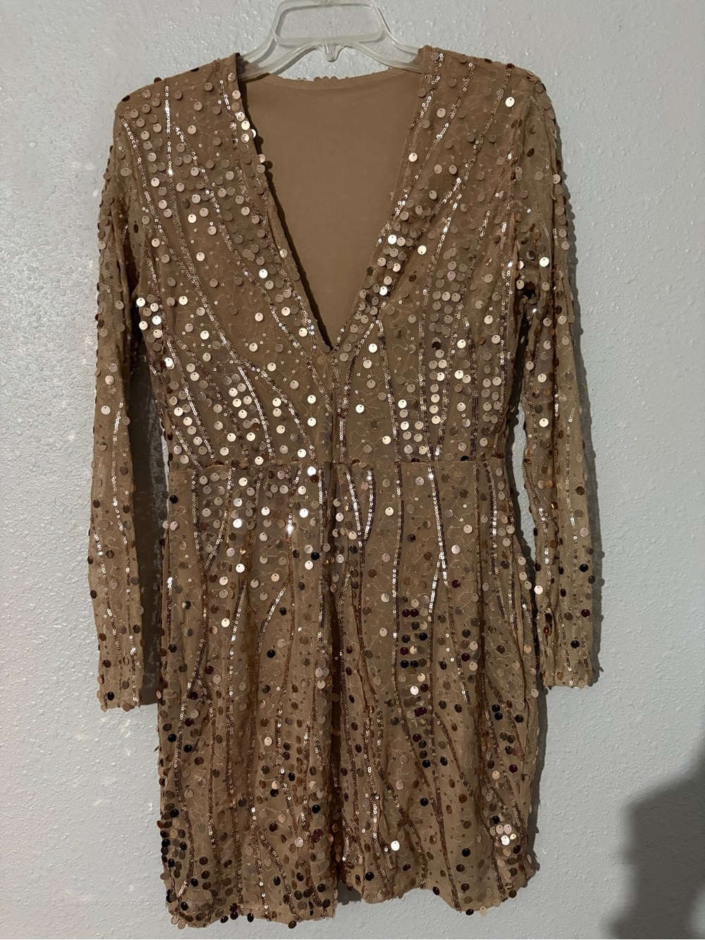 Embellished Taupe Sequin V-Neck Mini Dress
